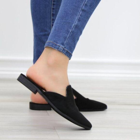 Suede Black Pointy Toe Slip On Mule Loafer - Picture 8 of 12